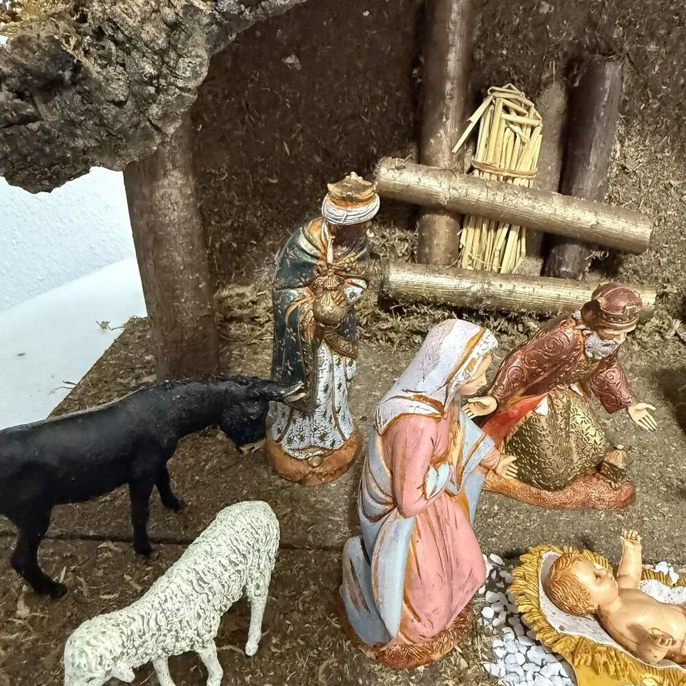 Vtg Sears Nativity Wood Stable Manger 9 Figures Italy Set Complete #97682 W/Box